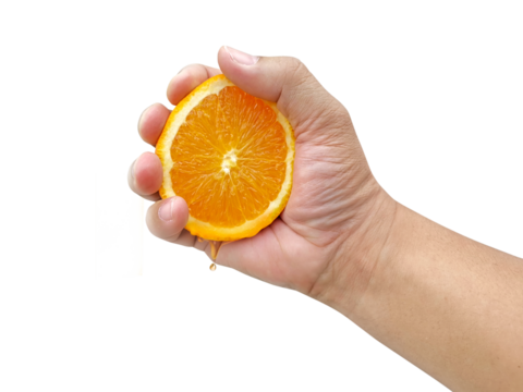 Hand squeezing an orange, transparent background