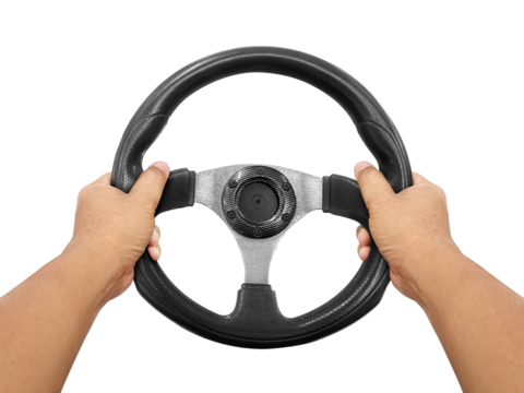 Hands holding steering wheel transparent background