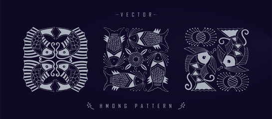 Vector illustration set of three white Chinese Hmong patterns with floral and wildlife elements