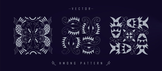 Vector illustration set of three white Chinese Hmong patterns with floral and wildlife elements