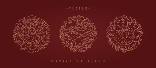Vector illustration set of three traditional Chinese decorative patterns with floral elements