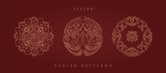 Vector illustration set of three traditional Chinese decorative patterns with floral elements