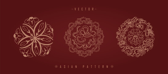 Vector illustration of Asian traditional decorative patterns with floral elements