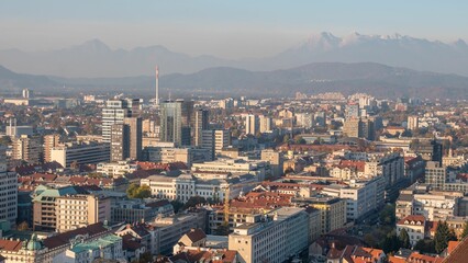 Fototapeta premium Drone shot over the Ljubljana cityscape on a sunny day, Slovenia