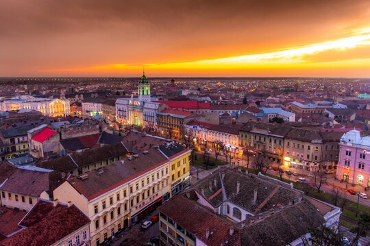High-angle of sunset view above the center of Arad city, Romania