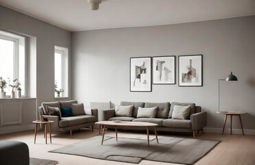 Naklejka na ściany i meble Beautiful living room, minimalist, lamps, clean lighting and couch, made with generative AI