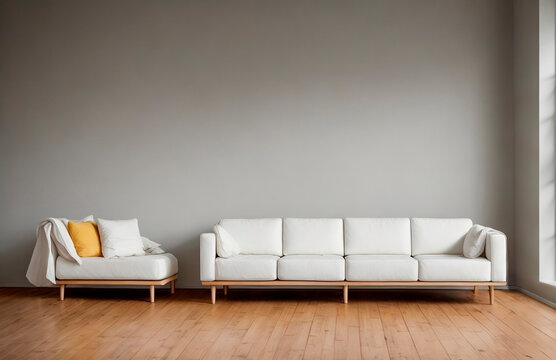 Beautiful living room, minimalist, lamps, clean lighting and couch, made with generative AI