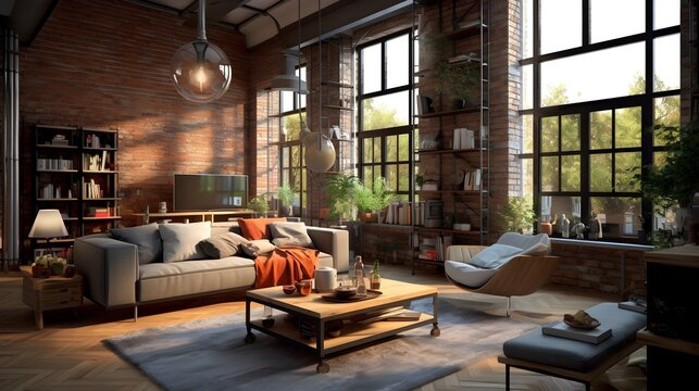 Loft Industrial Style Living Room Interior Rendered with Generative AI