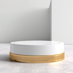 3D Render Podium white and gold islamic and arabic style for photo product display
