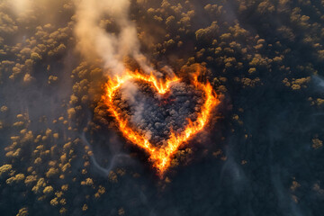 Bird's eye view of a forest fire, blazing in the shape of a heart. The concept underlines the importance of safeguarding our forests from devastating bushfires. Generative AI