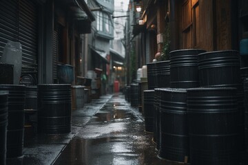 Naklejka na ściany i meble Desolate alleys among gray cans in rainy city. Generative AI