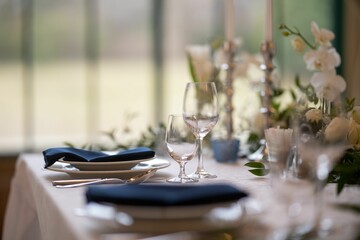 Closeup of a festive table with white dishes and glasses, blurred background