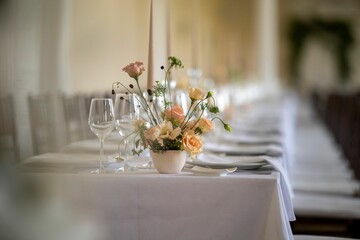 Closeup of a festive table with white dishes and glasses, blurred background