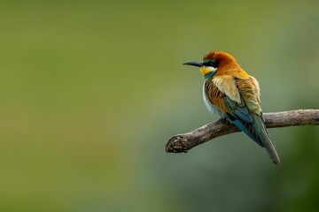 Selective focus of a chestnut-headed bee-eater perched on a tree branch, green blurred background