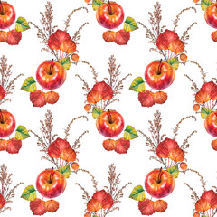 Seamless pattern with autumn bouquet with apple. Watercolor hand-drawn orange leaves and branch on white background. Forest nature plant foliage. Art for halloween  wallpaper wrapping or sketchbook