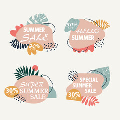Digital render of a set of summer sale and discount icons with tropical designs