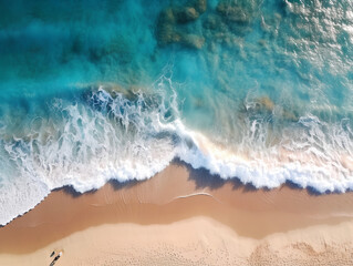 Beautiful top view drone shot of ocean waves on the beach. Waves over the sand top view. Generative AI.