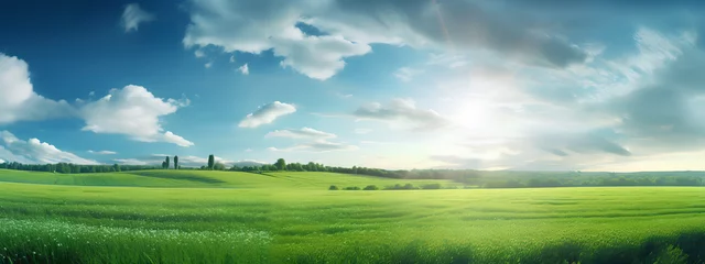 Tuinposter Sunny landscape with green field and clear blue sky. Beautiful panoramic natural landscape. Generative AI. © Mauricio