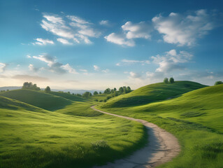Fototapeta premium Morning dawn over hilly green field with winding path and cloudy blue sky. Generative AI.