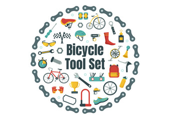 Cycling and Bicycle Tool Set Vector Illustration of a Mechanic Repairing Bicycles in a Workshop with Spare Parts in Flat Cartoon Hand Drawn Template