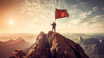Reaching New Heights: A Hiker's Flag of Triumph - obrazy, fototapety, plakaty