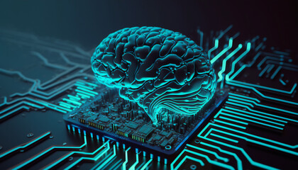 A Virtual Brain up on neon teal circuit board, focus on the Brain, the background is bokeh a beautiful landscape. made with generative AI