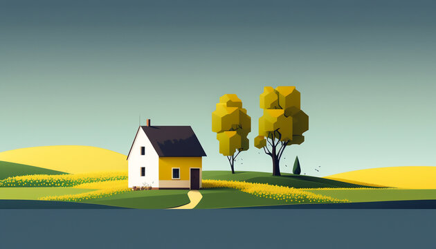 Rural Landscape illustration, the picture includes a tree house and a wide field. made with generative AI