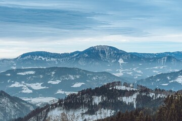 Fototapeta na wymiar Urslja gora and the mountain range landscape shot near Kosenjak.