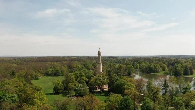 Drone view over the Minarett surrounded by green vegetation in Lednice, Czech Republic