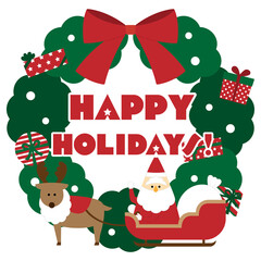 ソリに乗ったサンタクロースとトナカイ×クリスマスリース／HAPPY HOLIDAYS