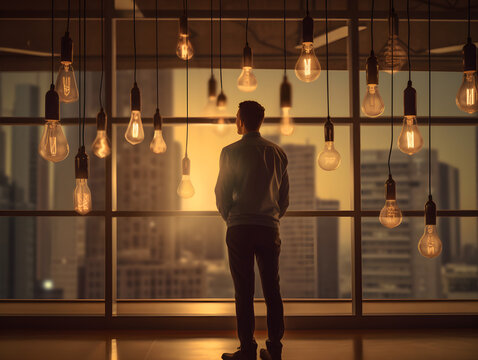 Successful businessman contemplating cityscape on office window on his workspace. A successful businessman immersed in a moment of innovation. Generative AI.