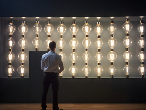Conceptual image of a  businessman standing in front of a giant wall of light bulbs contemplating his many ideas. Generative AI.