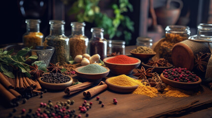 Spices and herbs on wooden background. Generative AI