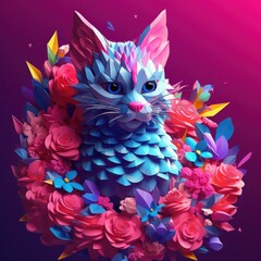 a colorful 3d cat with pink flowers all around it Generative Ai