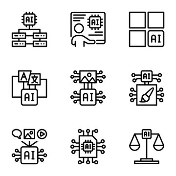 ai generated line icons set. intelligence, automation, brain, robot, content, innovation, chat, engineer, learning, process, artificial, analysis, video, media, network, science, outline