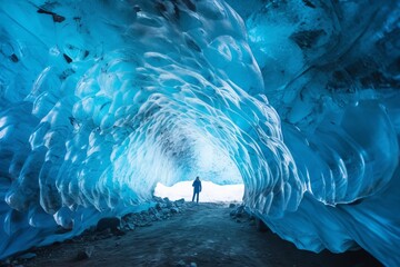 Inside a blue glacial ice cave in the glacier. Generative AI