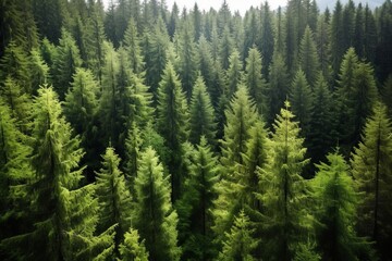 Healthy green trees in a forest of old spruce, fir and pine trees in wilderness of a national park. Sustainable industry, ecosystem and healthy environment concepts and background.