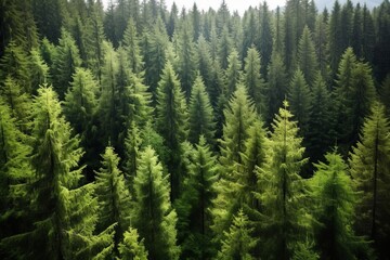 Fototapeta premium Healthy green trees in a forest of old spruce, fir and pine trees in wilderness of a national park. Sustainable industry, ecosystem and healthy environment concepts and background.