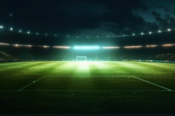 Fototapeta na wymiar A cinematic scene featuring a vibrant green soccer field illuminated by bright spotlights, creating a captivating ambiance. Generative AI
