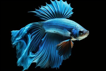 Stunning blue dragon Siamese fighting fish, also known as a betta fish, swimming gracefully against a dramatic black background, capturing the eye with its vibrant colors Generative AI