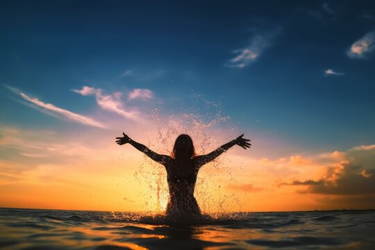 Black silhouette of woman. splashing water above head. summer vacation. holiday active. blue sea and sunset sky. Healthy happiness lifestyle. hands up. Generative AI