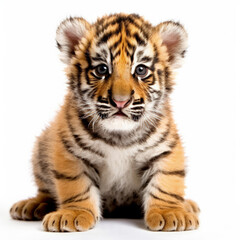 Baby Tiger (Panthera tigris) sitting, looking camera, innocent eyes
