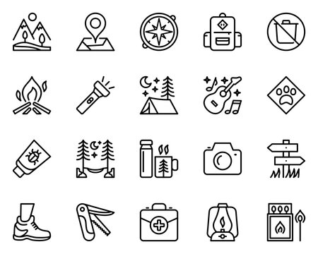 camping line icons set. direction, lamp, map, outline, recreation, tool, fire, photo, camera, hiking, location, pictogram, first aid, pointer, trekking, kit, route, survival, camp