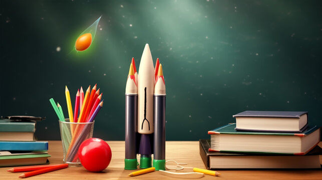 Back to school concept with rocket and school supplies on green chalkboard background, generative ai