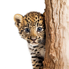 Baby Leopard Cub (Panthera pardus) peeking from behind tree trunk