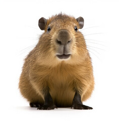 Capybara (Hydrochoerus hydrochaeris) lying on its side, looking at camera