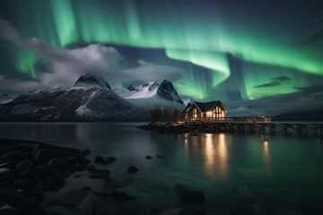 Village landscape in winter with northern lights beautiful nature background Magnificent view of the Reinefjord, one of the most popular places on the Lofoten Islands, Norway.