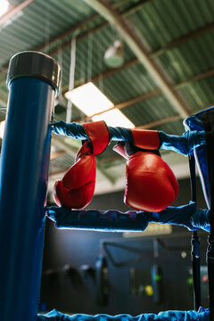 Red boxing gloves on ring rope
