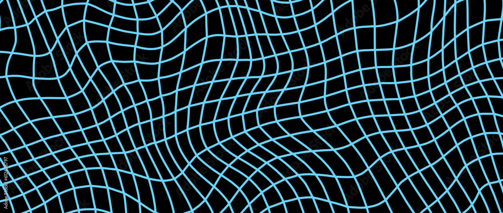 Poster distorted blue wireframe background. abstract wavy checkerboard wallpaper. warped and curved grid su