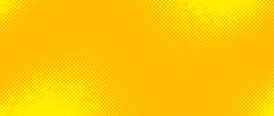 Yellow halftone background. Retro comic grain texture. Pixelated dots cartoon wallpaper. Pop art faded gradient pattern. Vector backdrop.